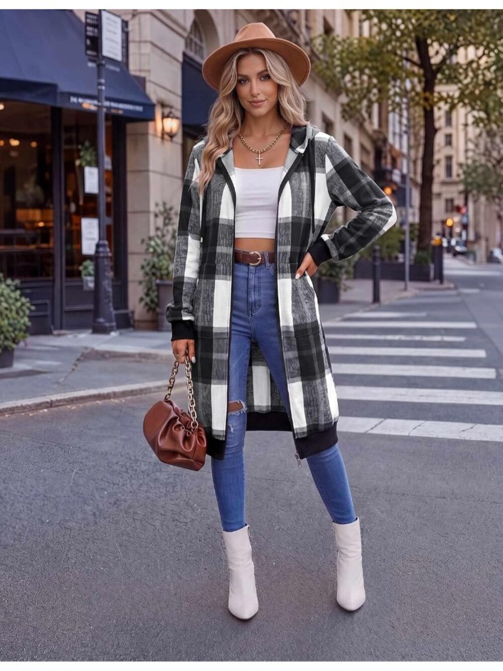 Women's Black White Plaid Longline Fleece Hoodie Full Zip Oversized Duster - Picture 5 of 6